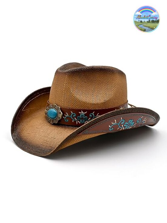 Accessories - Straw Cowboy Hat with Faux Leather Turquoise Band Woven Sun Hat Western Cowgirl